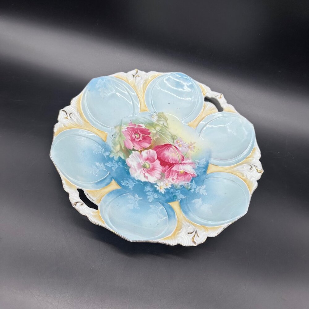 Antique RS Prussia Porcelain Bowl Red Mark Floral Scalloped Handles Pink Flowers